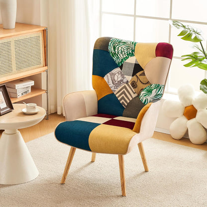 Accent Chair, Living Room Chair, Modern High Back Armchair, Colorful Patchwork Reading Chairs for Bedroom, Lounge Chair with Linen Fabric Shell and Solid Wood Feets (1, Colorful)