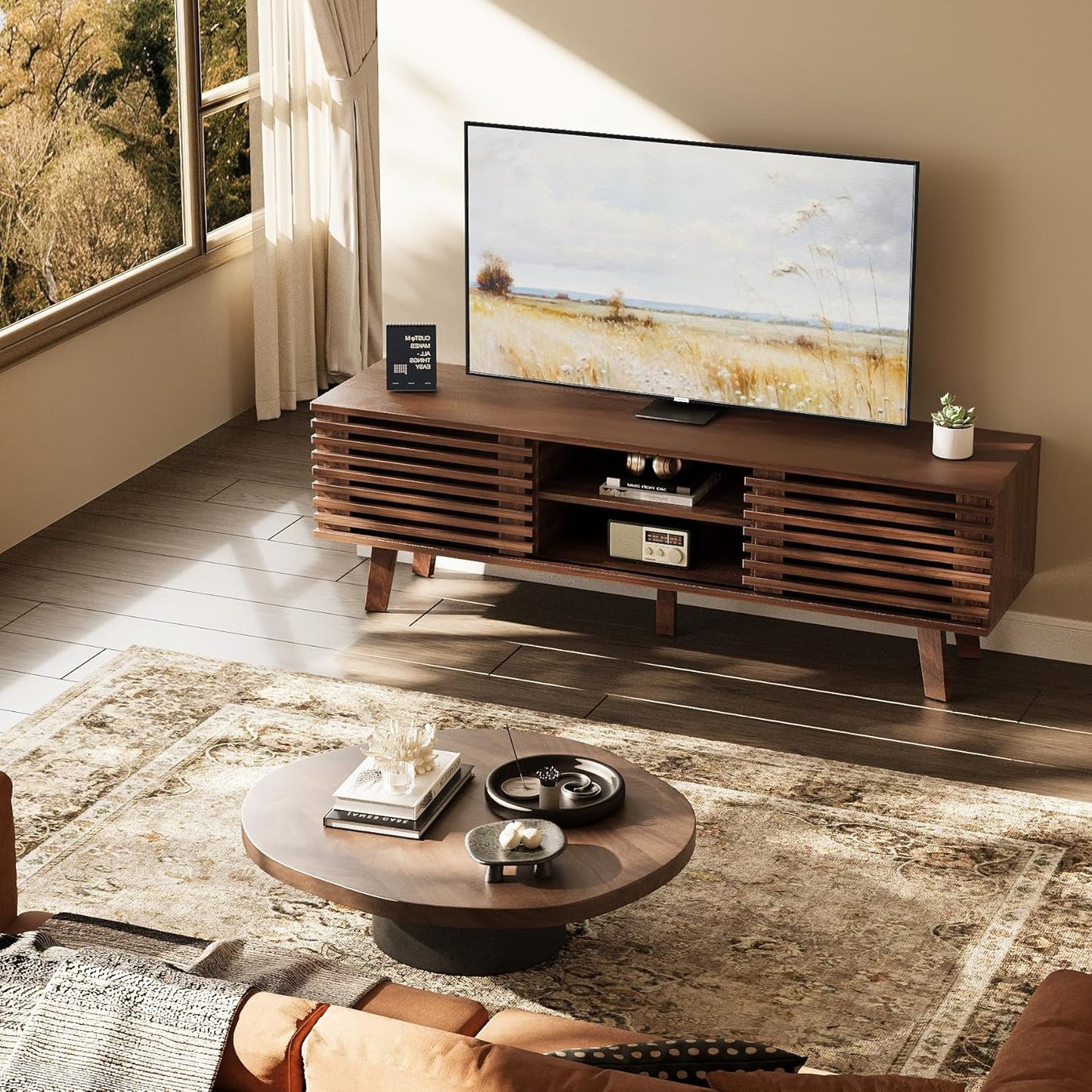 Mid-Century Modern TV Stand for 50/55/60 inch TV, Retro Entertainment Center with Storage Cabinet & Sliding Door, TV Stand for Living Room, Bedroom