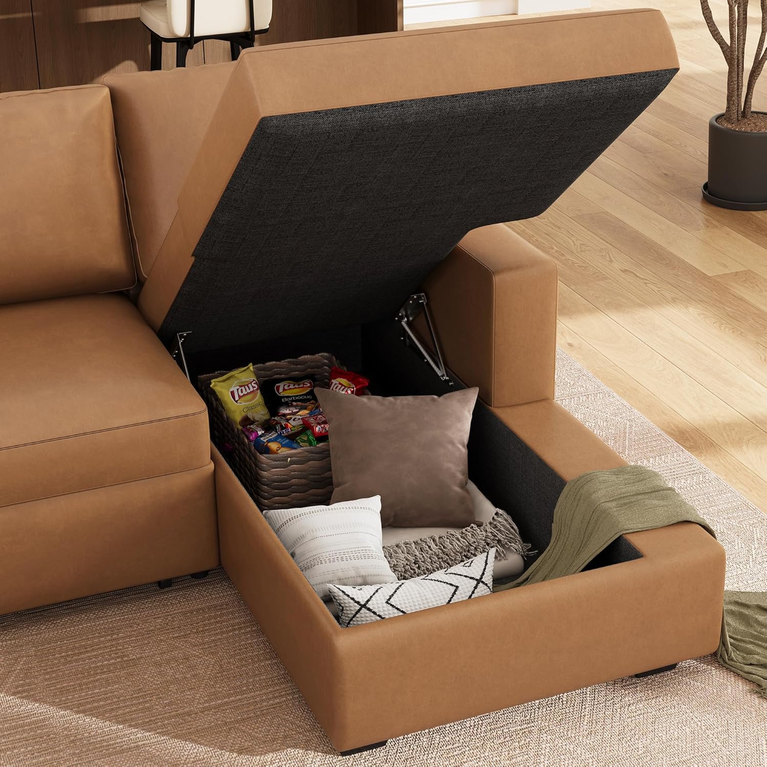 HONBAY Sleeper Sectional Couch with Pull-Out Bed Sectional Sleeper Sofa Pull Out Bed with Storage Chaise, 6 Seaters Couch for Living Room, Faux Leather Brown