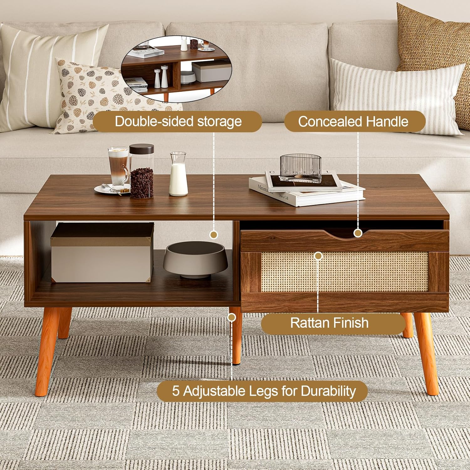 Coffee Table with Storage, Boho Dining Table with Rattan Drawer and Solid Wood Legs, Small Coffee Tables for Living Room, Walnut
