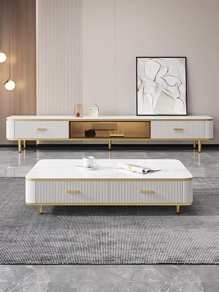 Floating White Large Living Room Furniture Marble Tv Stand and Coffee Table Set with Drawers