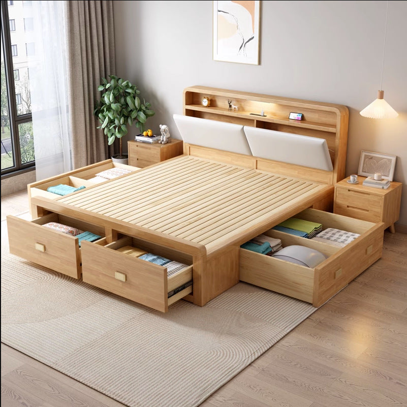 Solid Wood King-Size Bed with Night Light Queen-Size Wooden Bed with Storage