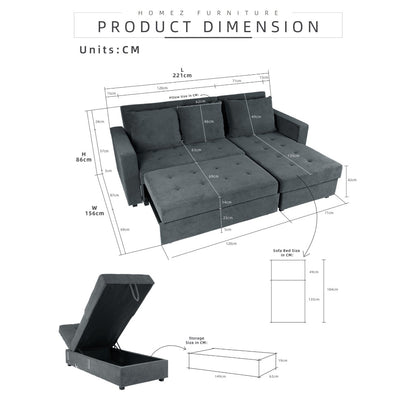 L-Shape 3 Seater Fleece Velvet Fabric Sofa / Sofa Bed