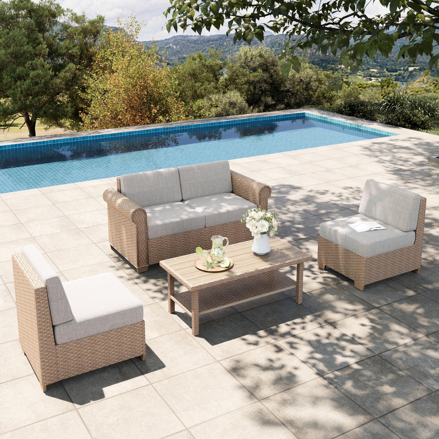 HERA'S HOUSE Patio Furniture Set, All Weather 7 Seats Outdoor Sectional Wicker Sofa with 44" Coffee Table, 5.5" Thick Waterproof Cushion 8 Piece Modular Conversation Set for Garden Deck Backyard
