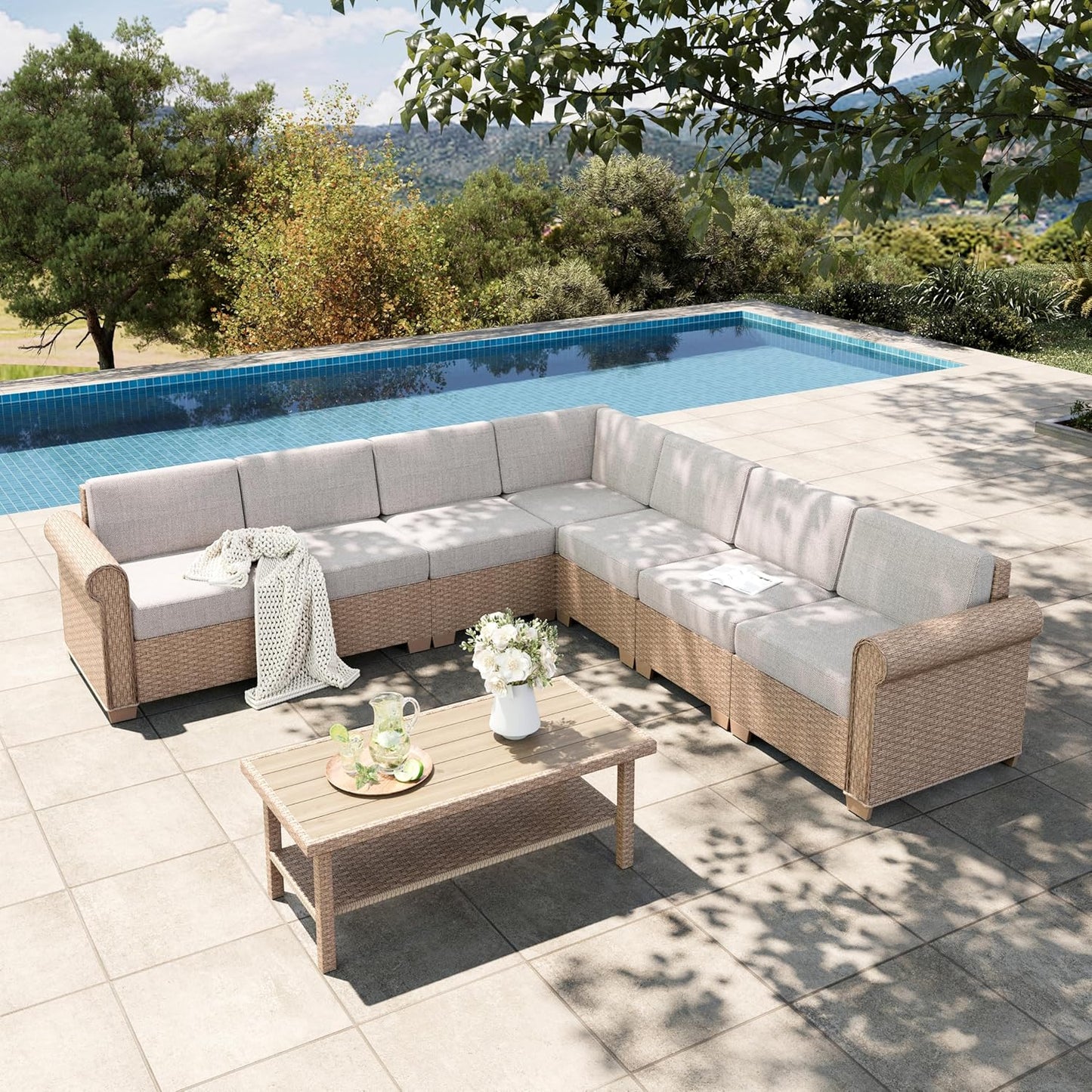 HERA'S HOUSE Patio Furniture Set, All Weather 7 Seats Outdoor Sectional Wicker Sofa with 44" Coffee Table, 5.5" Thick Waterproof Cushion 8 Piece Modular Conversation Set for Garden Deck Backyard