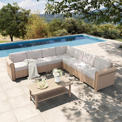 HERA'S HOUSE Patio Furniture Set, All Weather 7 Seats Outdoor Sectional Wicker Sofa with 44" Coffee Table, 5.5" Thick Waterproof Cushion 8 Piece Modular Conversation Set for Garden Deck Backyard