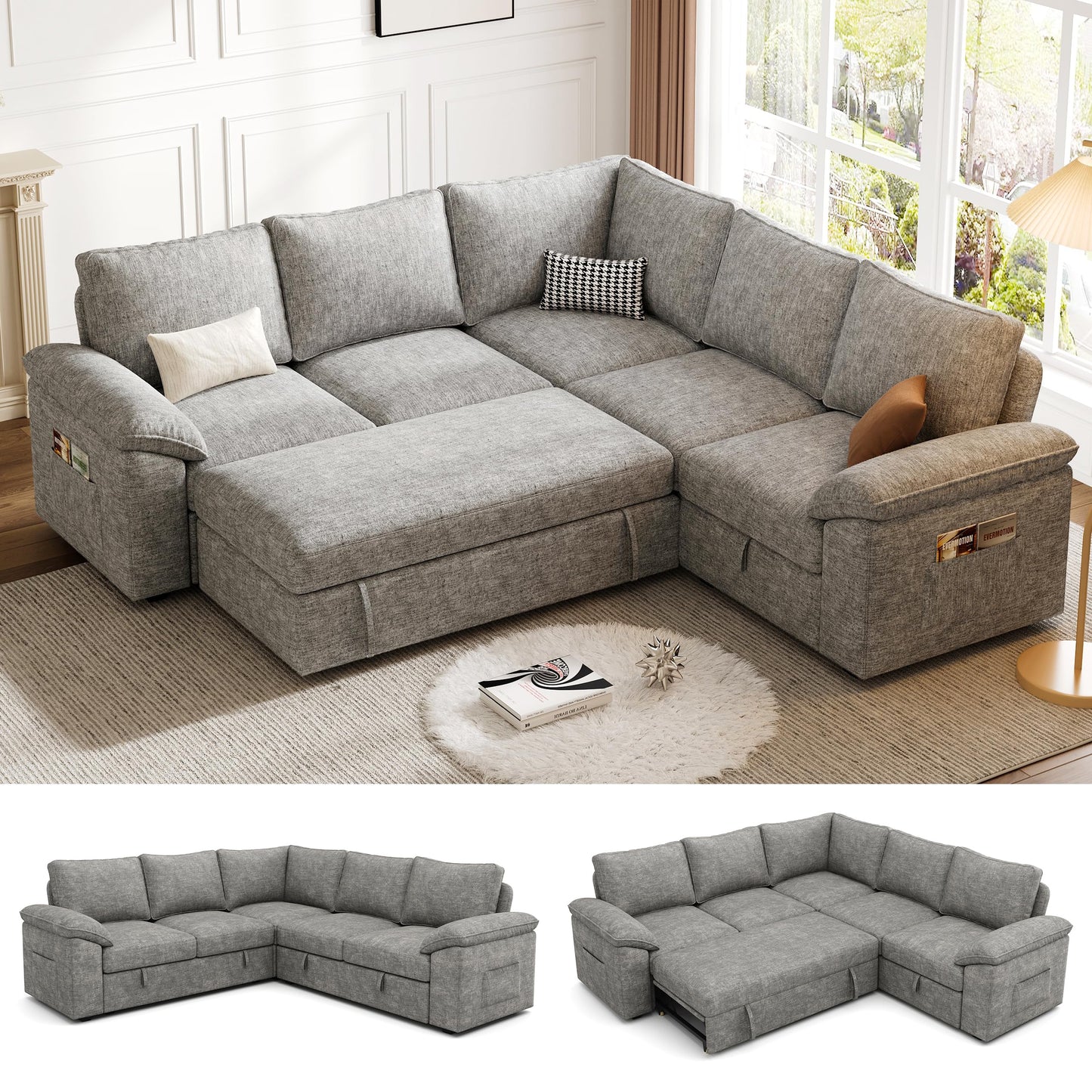 108 Inch Sectional Sleeper Sofa with Pull Out Bed, U Shaped 7 Seat Modular Sectional Sofa with Storage, Sectional Couches for Living Room, Cloud Modular Couch,Removable Sofa Cover, Dark Grey
