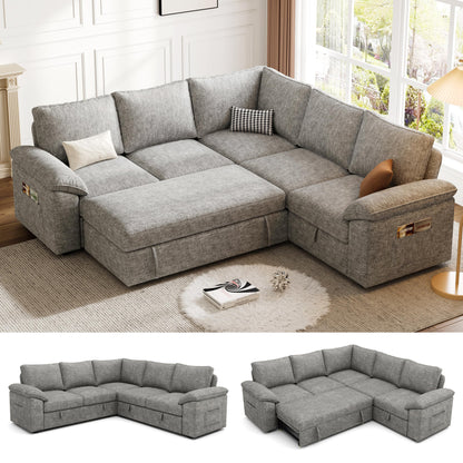 108 Inch Sectional Sleeper Sofa with Pull Out Bed, U Shaped 7 Seat Modular Sectional Sofa with Storage, Sectional Couches for Living Room, Cloud Modular Couch,Removable Sofa Cover, Dark Grey