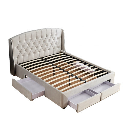 Button Upholstered Double Single Queen King Size Fabric Storage Bed Frame With Storage Drawers