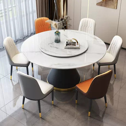 Marble Round Rotating Sintered Stone Dining Table Set with Round Turntable & Chairs