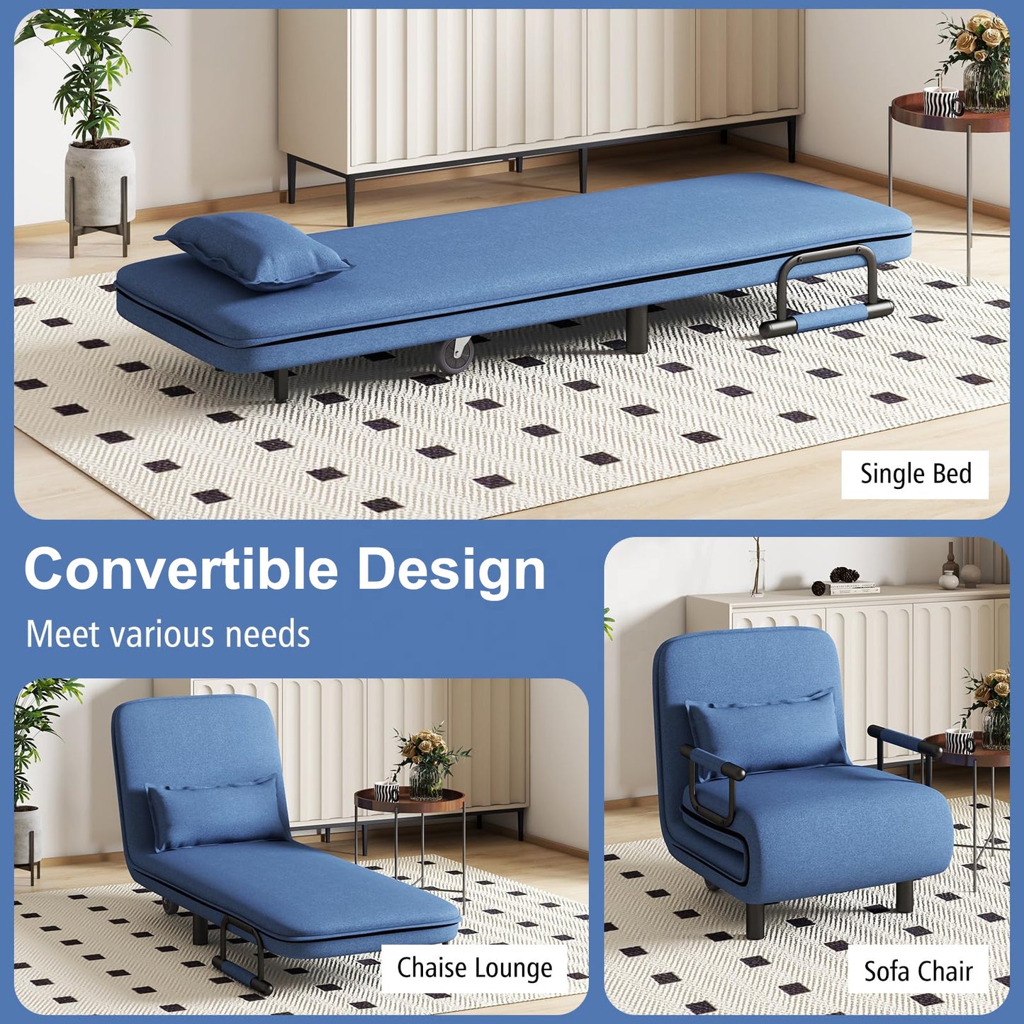 Single Size One Seater Mini Folding Arm Convertisable Sofa in Bed with Cushion