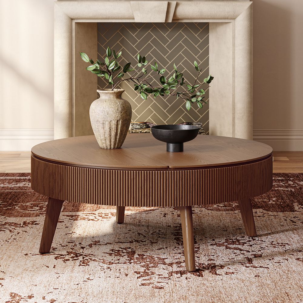 39 Inch Round Solid Wood Coffee Table Room Furniture Slatted Lift Top Coffee Table