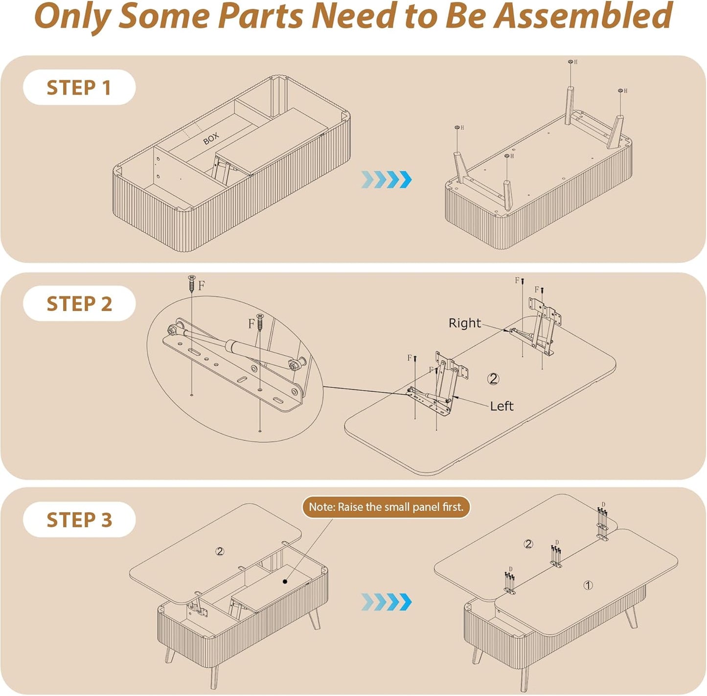 Lift Top Fluted Convertible Coffee Table Wooden Storage with Drawers