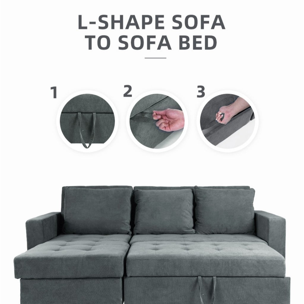L-Shape 3 Seater Fleece Velvet Fabric Sofa / Sofa Bed