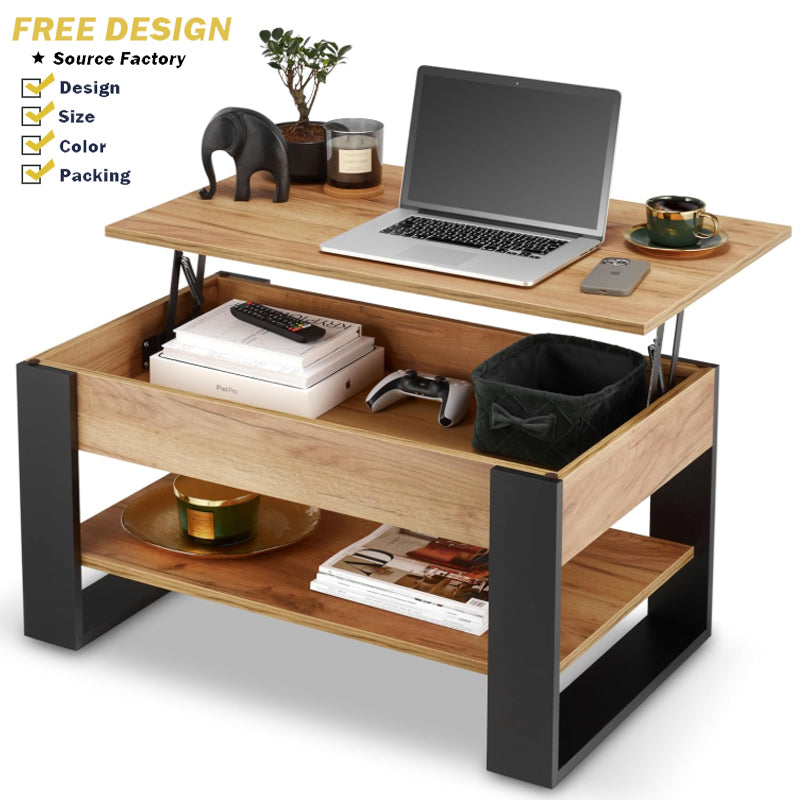 Large Capacity Storage Table Simple Wood Metal Standing Type Double Use Coffee Table