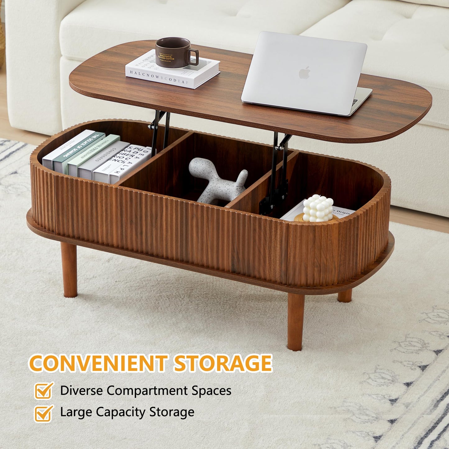 Lift Tabletop Coffee Table Base Table with 3 Compartments Storage