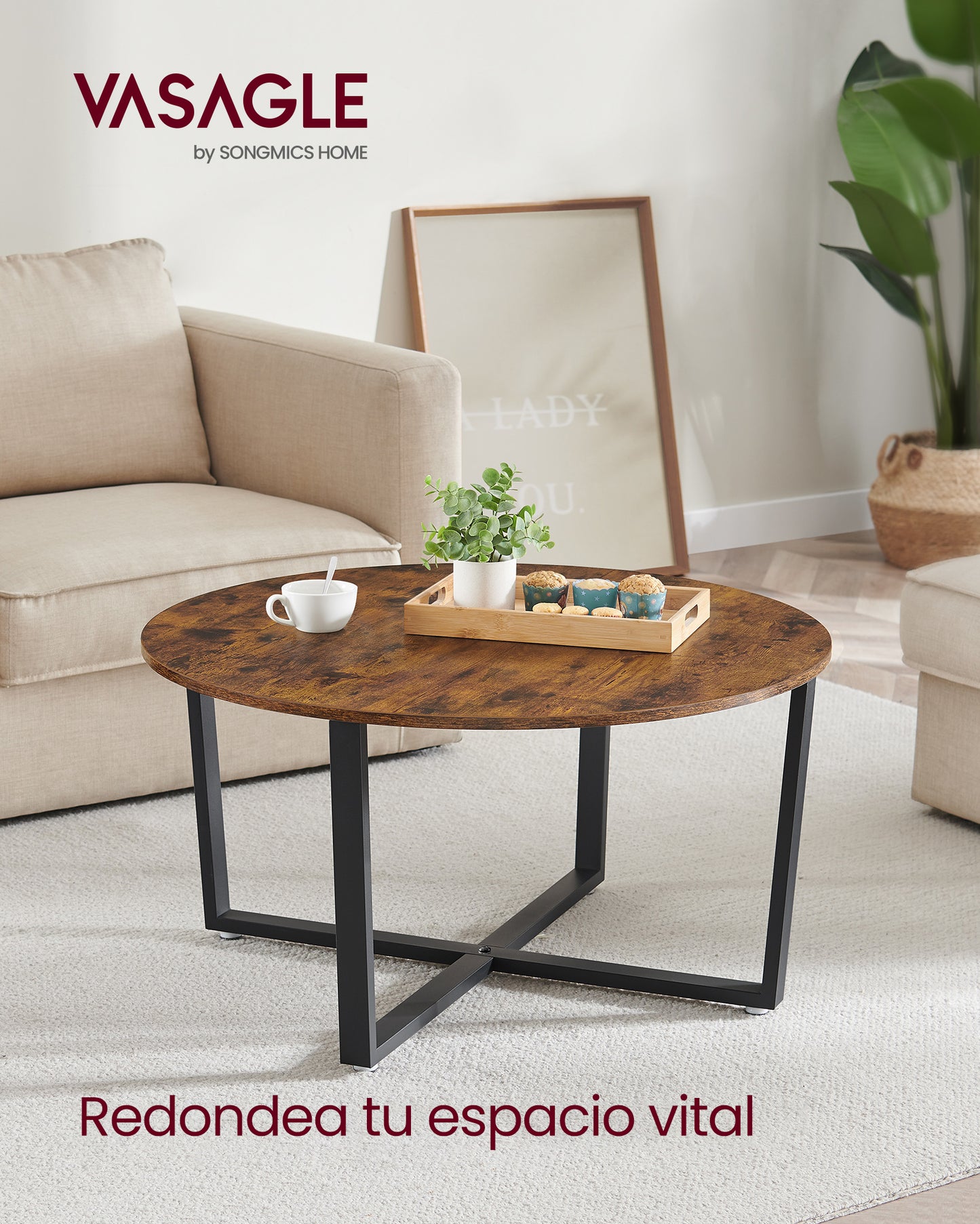 Round Coffee Table Home Furniture with 2 Tier Rustic Wood Desktop Living RoomTable