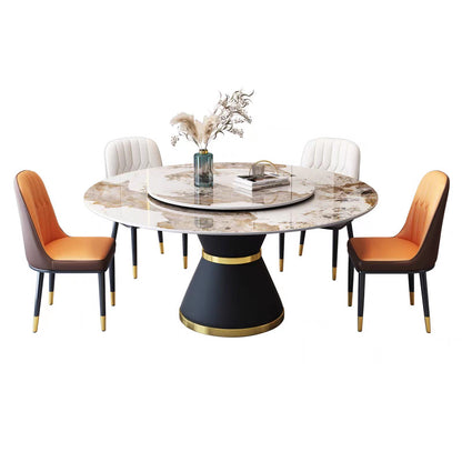 Marble Round Rotating Sintered Stone Dining Table Set with Round Turntable & Chairs