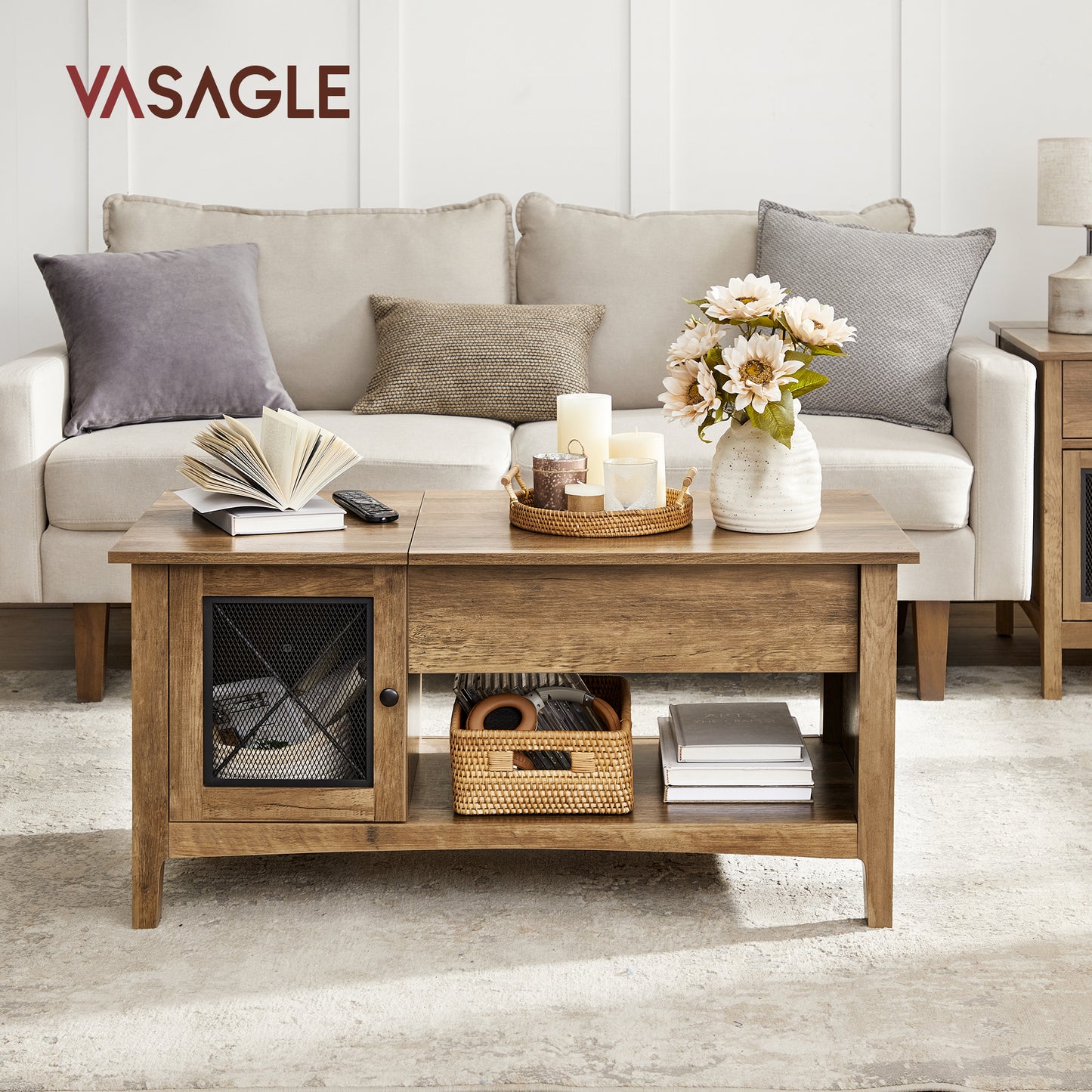 Farmhouse Industrial Center Table Hidden Compartment Lift Top Coffee Table With Storage