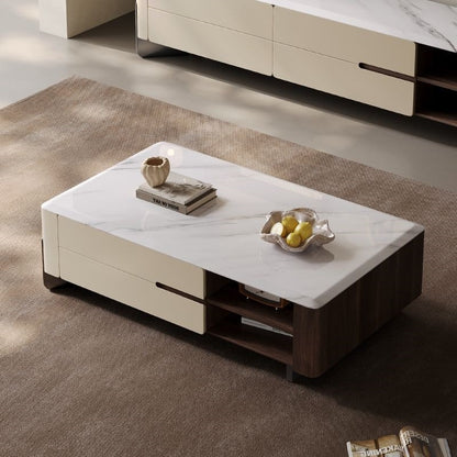 Marble Look Living Room Furniture Set Extendable Storage Coffee Table and TV Cabinet