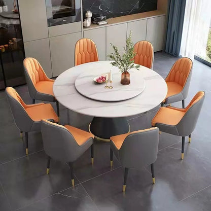 Marble Round Rotating Sintered Stone Dining Table Set with Round Turntable & Chairs
