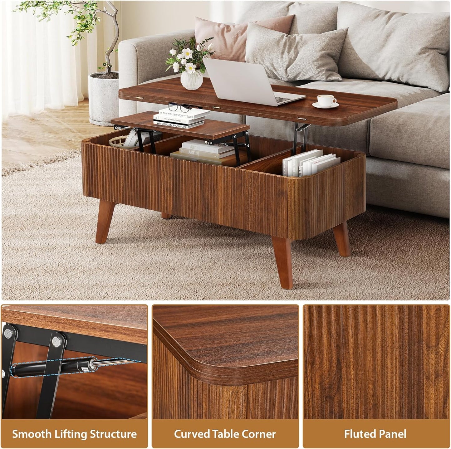 Lift Top Fluted Convertible Coffee Table Wooden Storage with Drawers