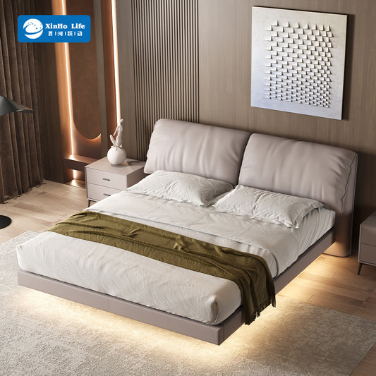 Double Queen King Size Bedroom Furniture Set Leather Suspended Bed Wooden Beds