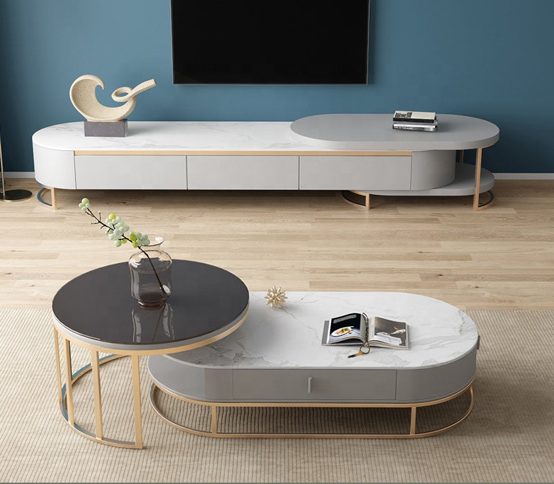 Living Room Furniture Top Cabinet Coffee Table and TV Stand Set Marble With Storage