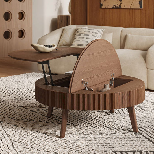 39 Inch Round Solid Wood Coffee Table Room Furniture Slatted Lift Top Coffee Table