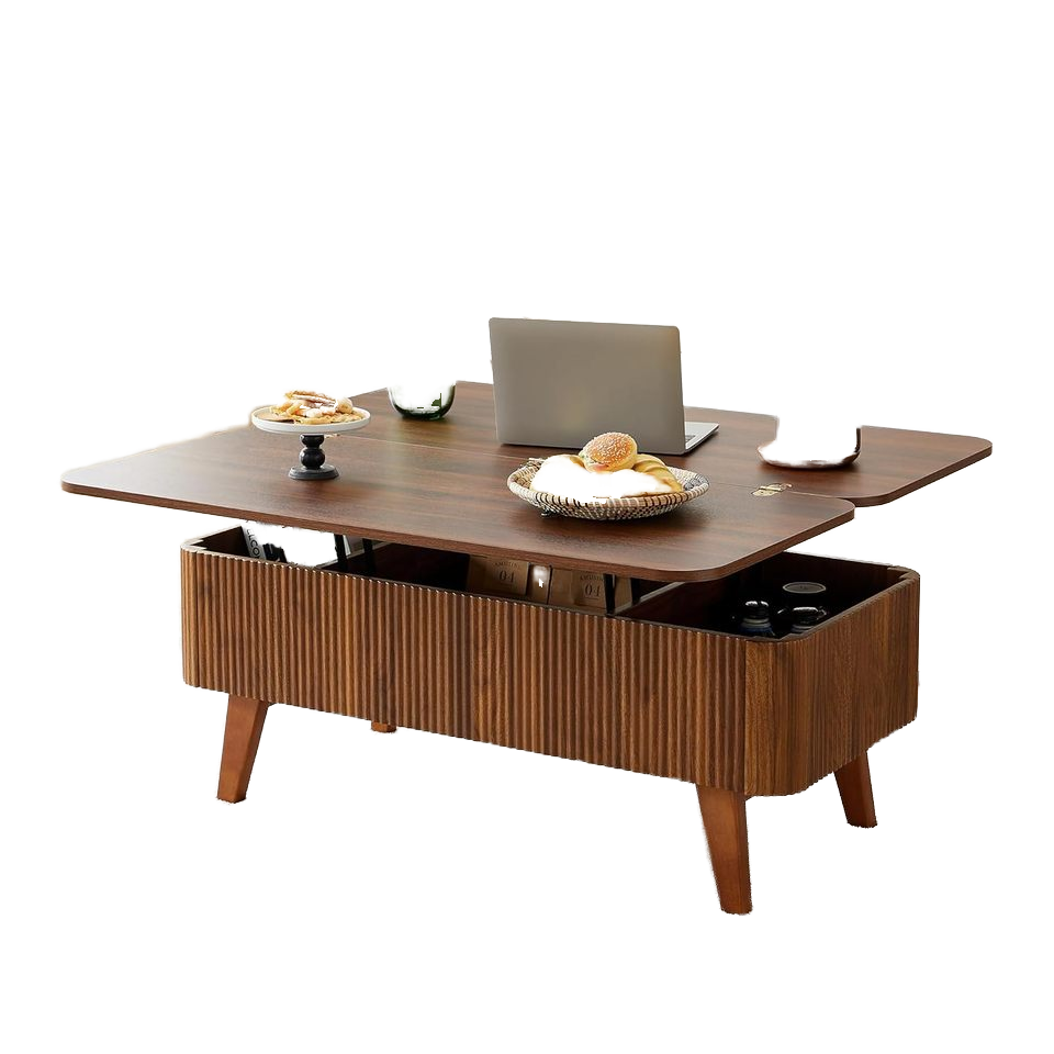 Lift Top Fluted Convertible Coffee Table Wooden Storage with Drawers