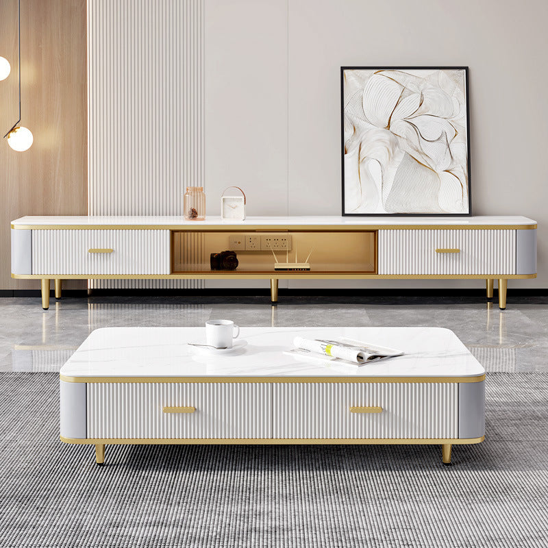 Floating White Large Living Room Furniture Marble Tv Stand and Coffee Table Set with Drawers