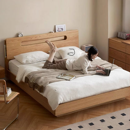 Nordic Solid Wood Oak Floating Headboard with Night Light Storage Box King Queen Size Bed