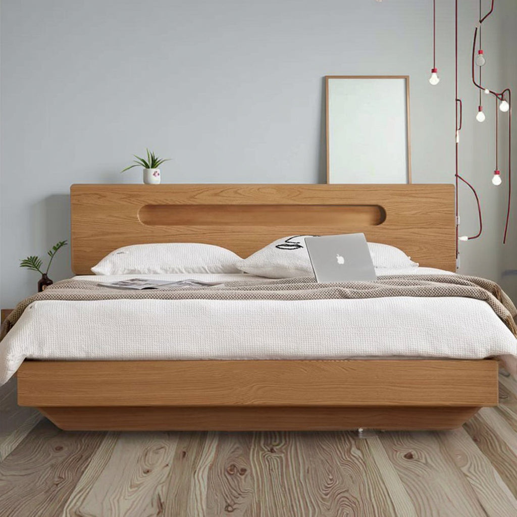 Nordic Solid Wood Oak Floating Headboard with Night Light Storage Box King Queen Size Bed